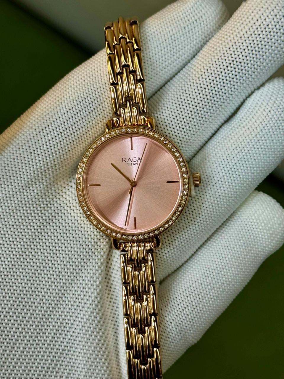 Titan Raga Showstopper Quartz Analog Pink Dial Metal Strap Watch for Women