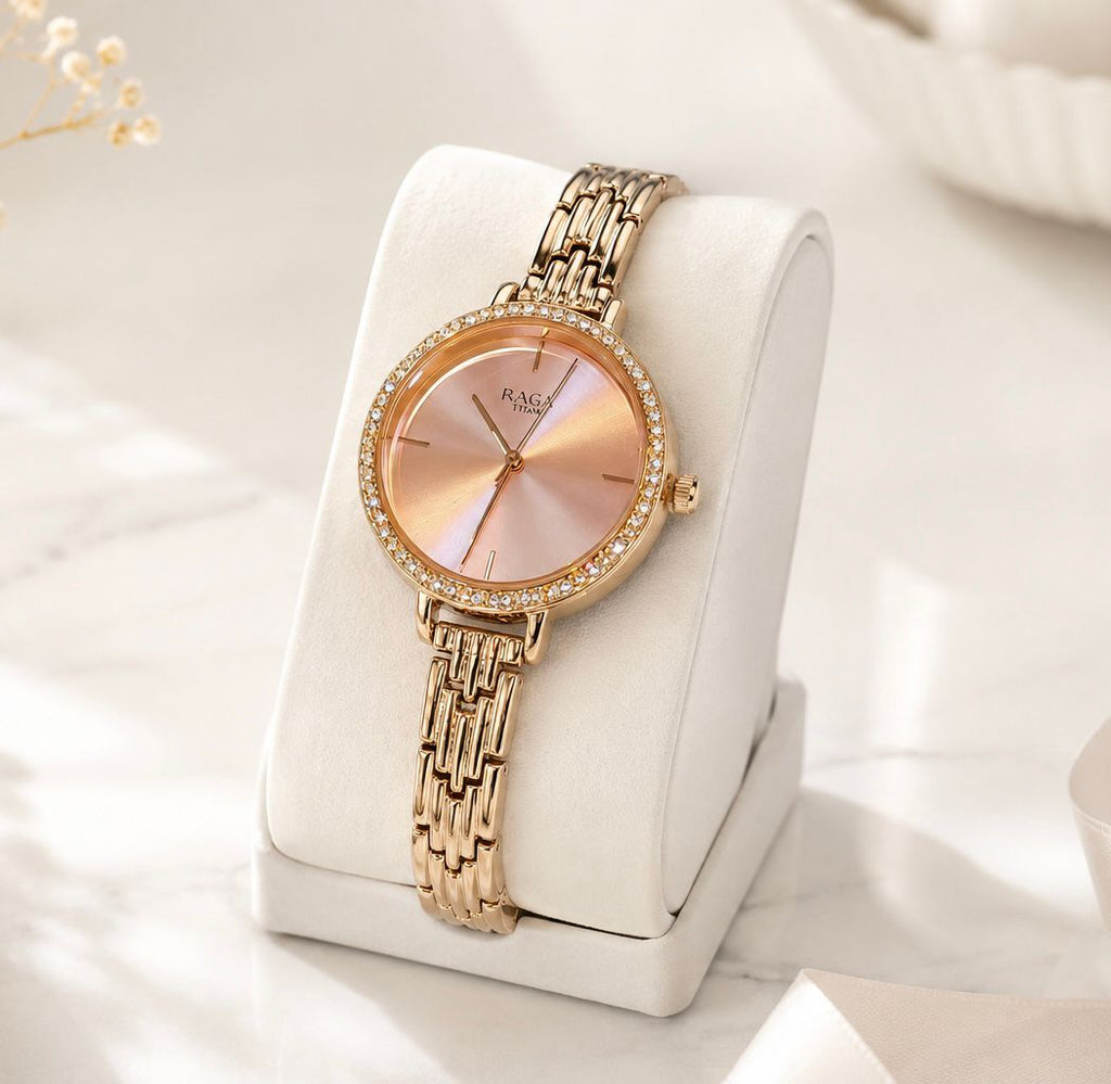 Titan Raga Showstopper Quartz Analog Pink Dial Metal Strap Watch for Women