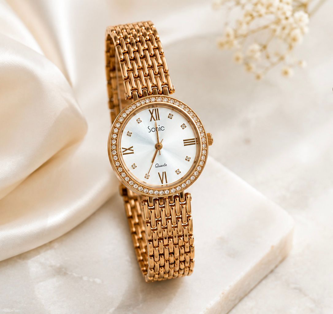 Sonic Rose Gold Crystal Bezel Ladies RoseGold Chain Watch