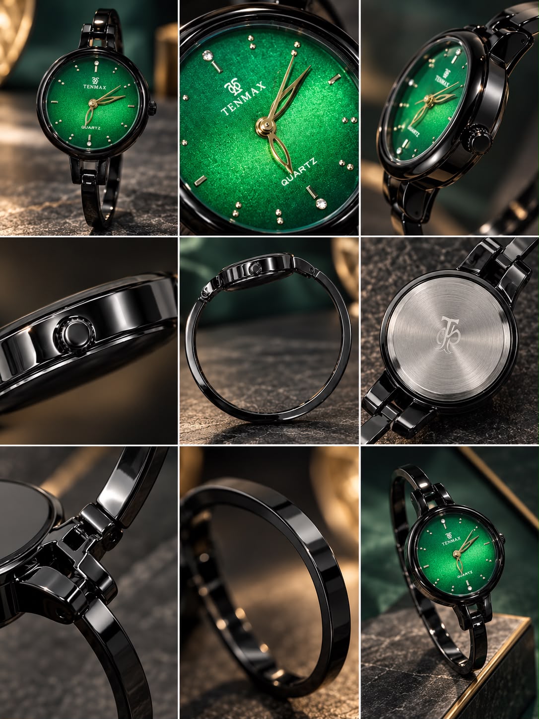 Tenmax_Black Bangle Watch with green dial for Women