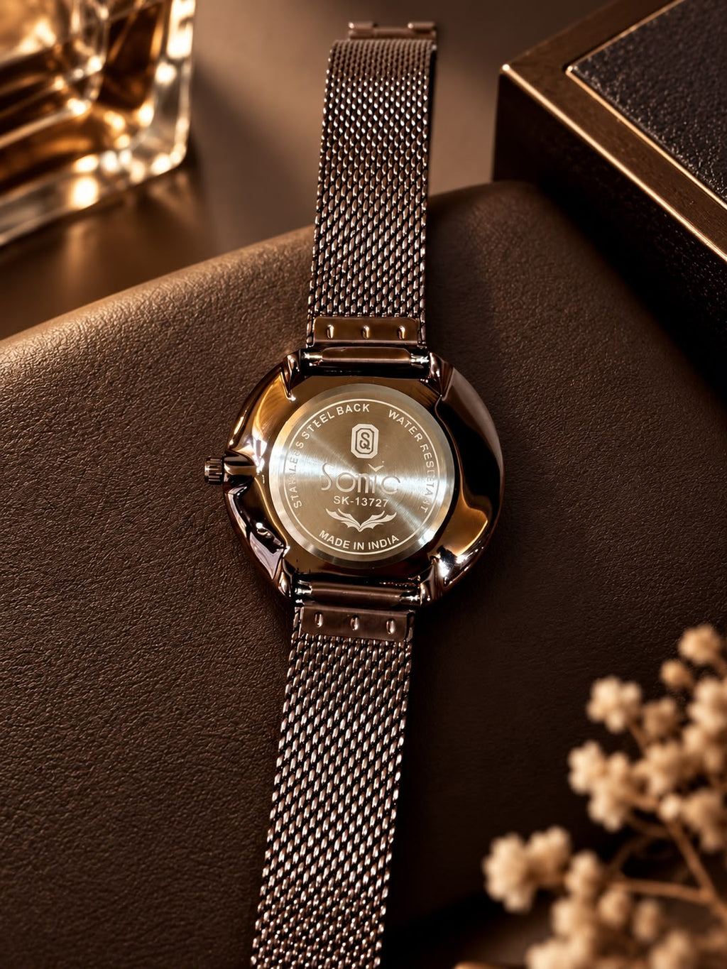 Sonic Elegant Coffee Brown Mesh Chain Watch With Stone Details on Dial