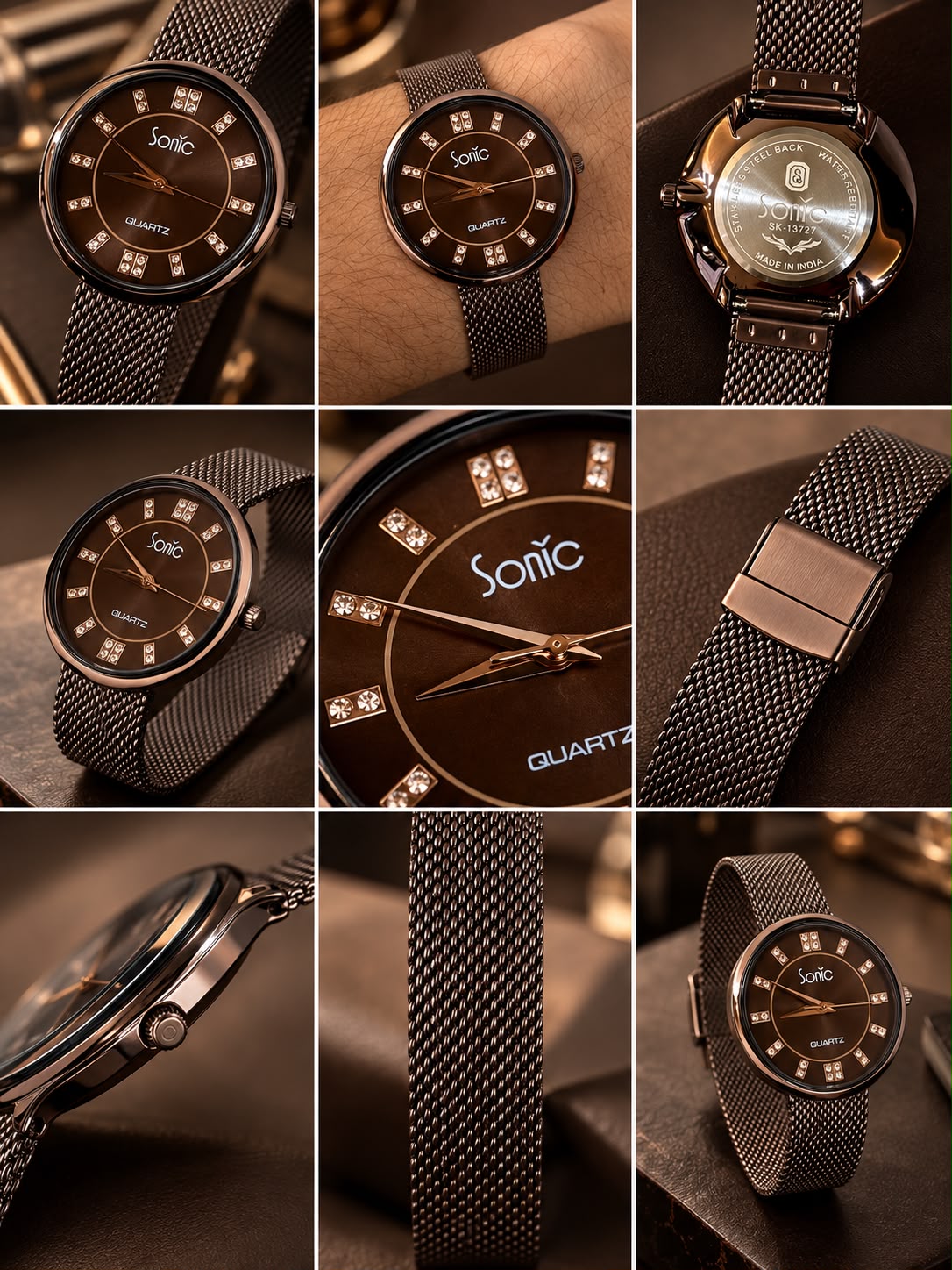 Sonic Elegant Coffee Brown Mesh Chain Watch With Stone Details on Dial